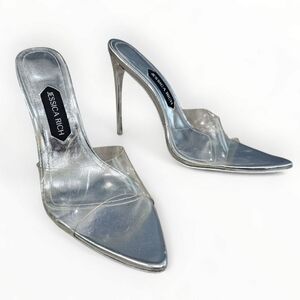 JESSICA RICH Racy Silver Metallic Pointed Toe Stiletto Heels Mules Sandals 40/10